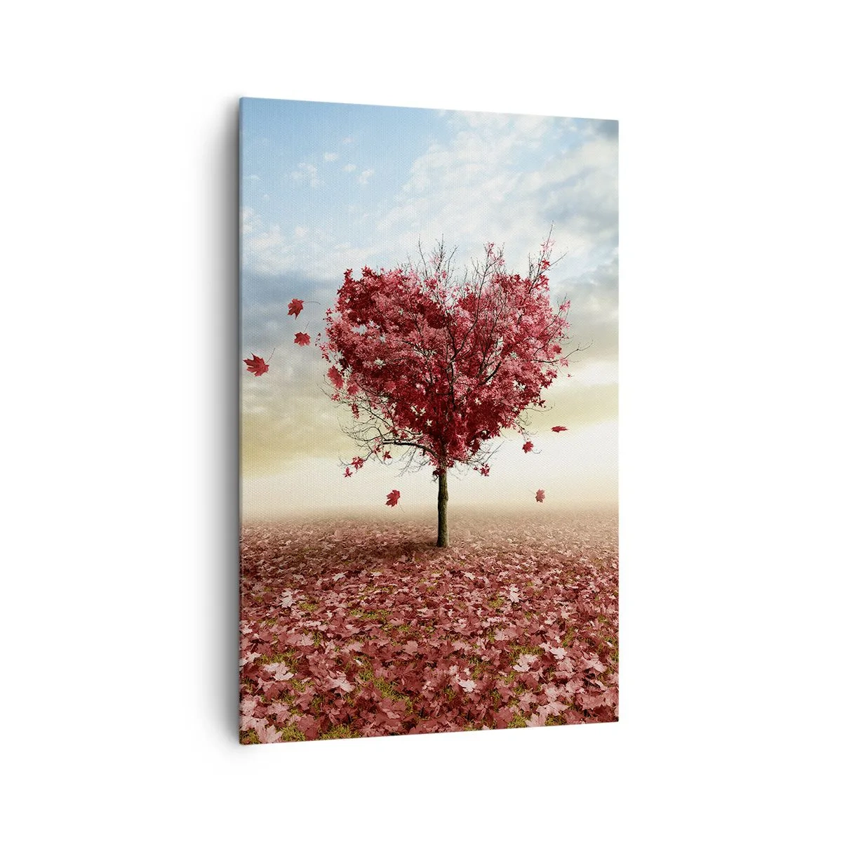 Cuadro sobre lienzo - Impresión de Imagen - Un árbol solitario en forma de corazón en un campo de hojas rojas. - 80x120cm - Amor de otoño - Decoración de pared moderna para salón y dormitorio ARTTOR