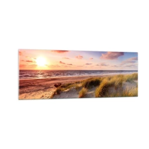 Cuadro sobre vidrio - Impresiones sobre Vidrio - Una playa cubierta de hierba y una puesta de sol sobre un mar en calma. - 140x50cm - Se siente la brisa veraniega - Decoración de pared moderna para salón y dormitorio ARTTOR
