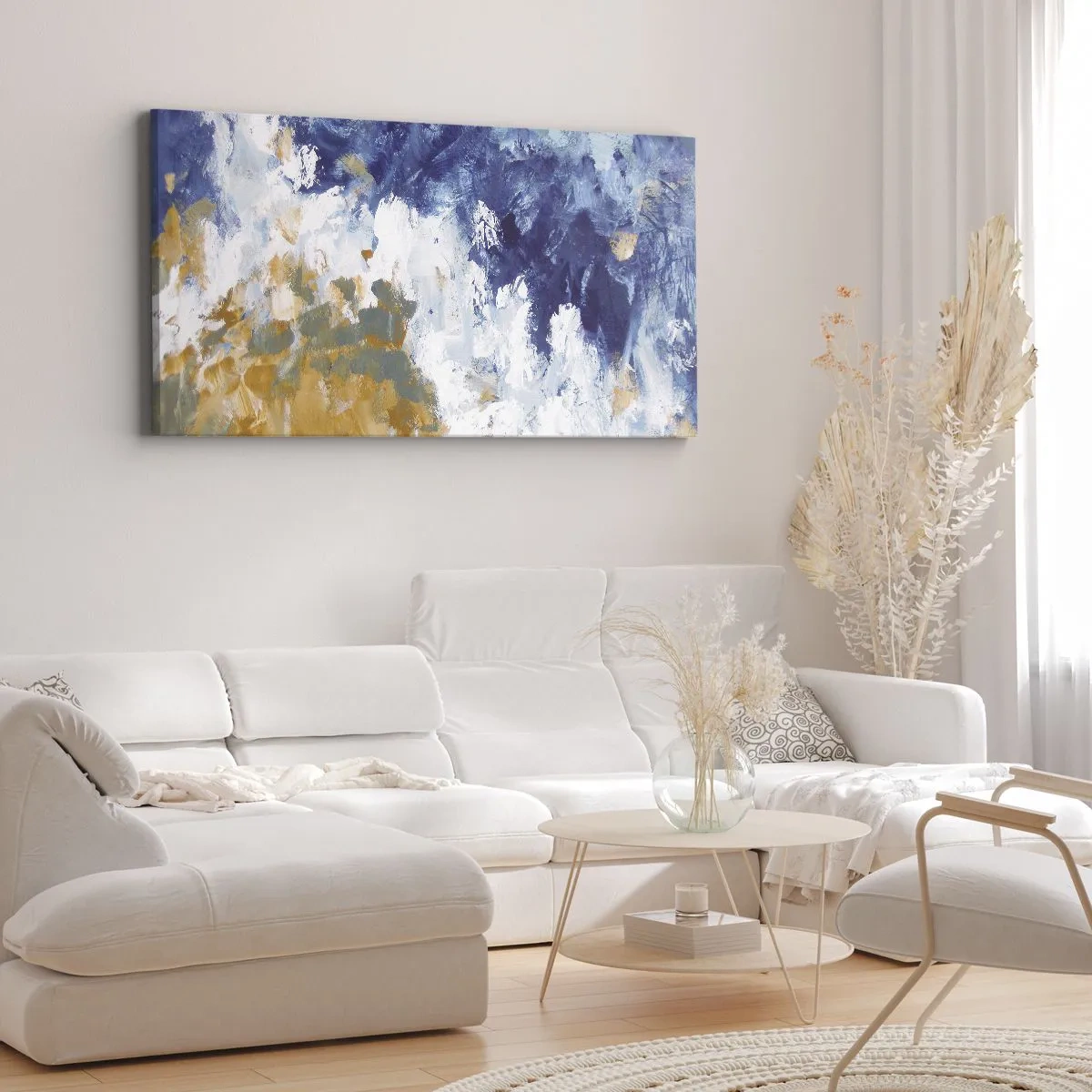 Cuadro sobre lienzo - Impresión de Imagen - Abstracción en tonos azules, blancos y dorados. - 140x50cm - Danza de los elementos - Decoración de pared moderna para salón y dormitorio ARTTOR