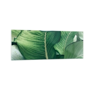 Cuadro sobre vidrio - Impresiones sobre Vidrio - Hojas verdes con detalles expresivos y estructura. - 140x50cm - Vida intensamente verde - Decoración de pared moderna para salón y dormitorio ARTTOR