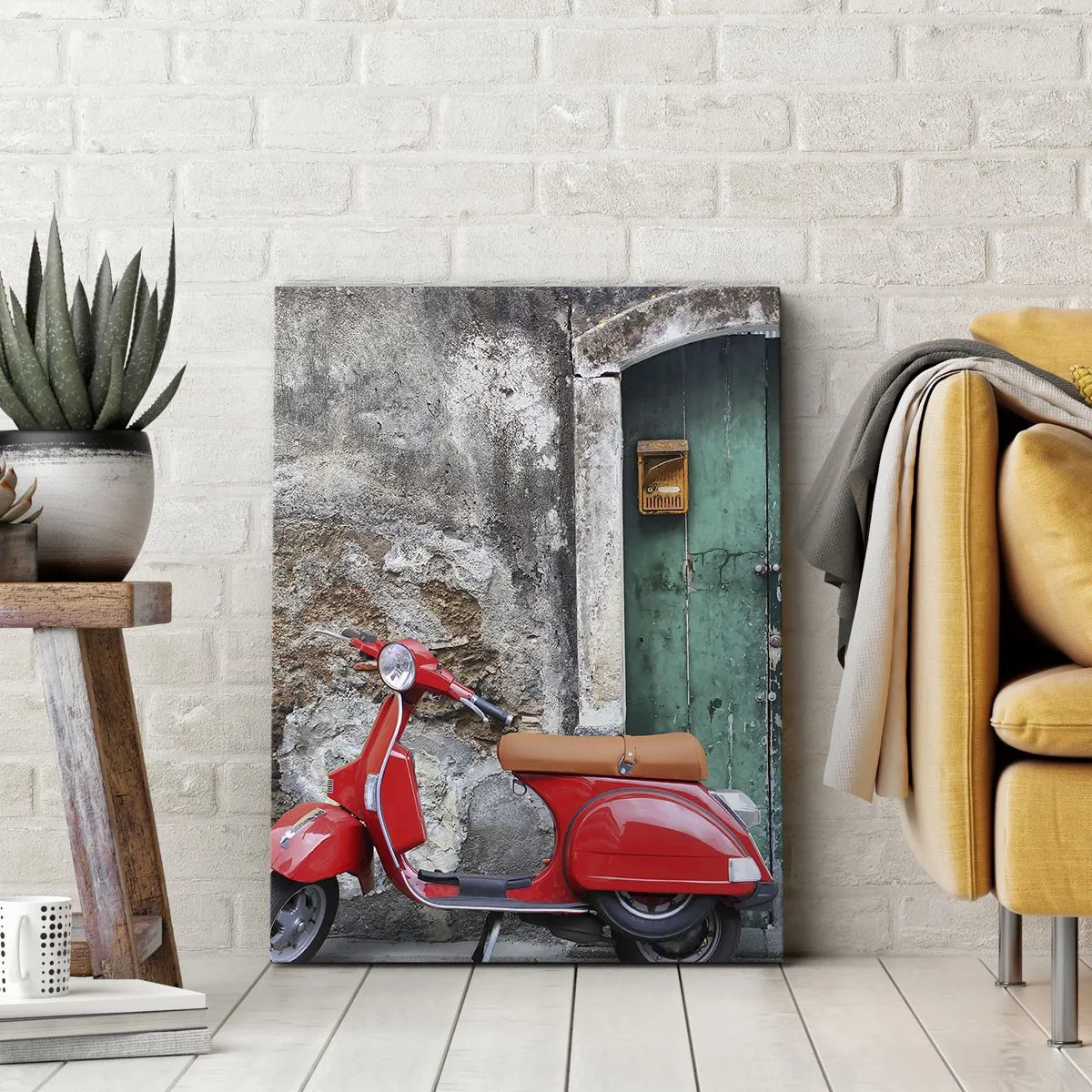 Cuadro sobre lienzo - Impresión de Imagen - Scooter rojo junto a la puerta verde - 70x100cm - Vacaciones en Italia - Decoración de pared moderna para salón y dormitorio ARTTOR