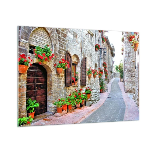 Cuadro sobre vidrio - Impresiones sobre Vidrio - Una calle pintoresca con paredes de piedra y flores rojas. - 100x70cm - Ambiente italiano - Decoración de pared moderna para salón y dormitorio ARTTOR