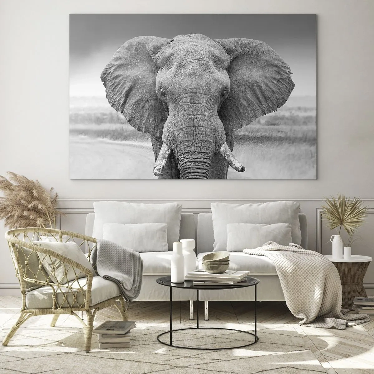 Cuadro sobre vidrio - Impresiones sobre Vidrio - Retrato en blanco y negro de un elefante en la sabana. - 100x70cm - Bienvenido a mi mundo - Decoración de pared moderna para salón y dormitorio ARTTOR