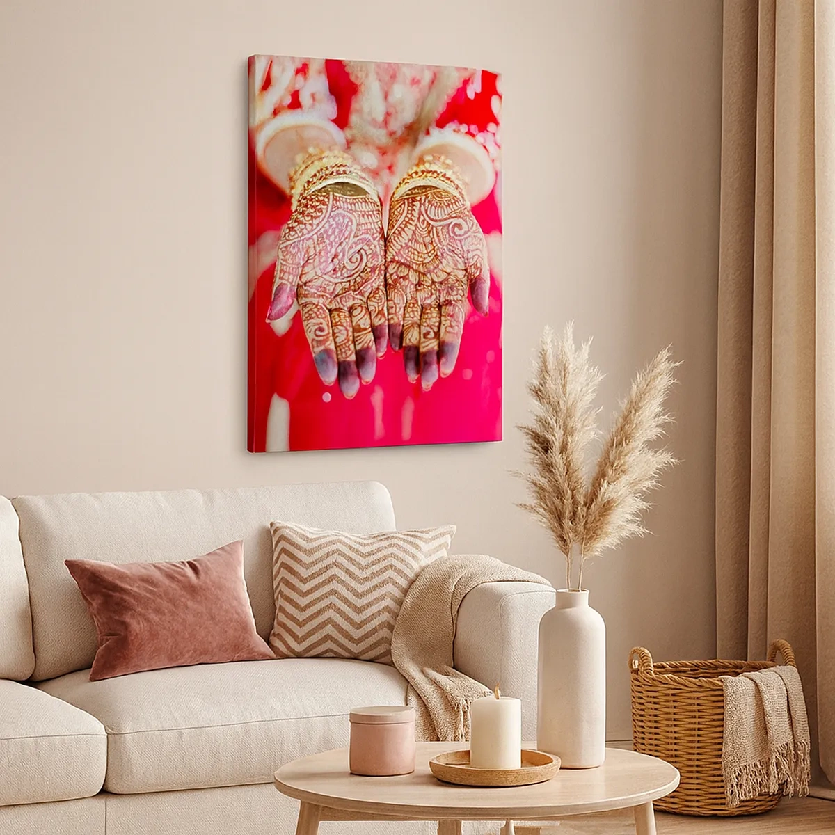 Cuadro sobre lienzo - Impresión de Imagen - Manos decoradas con henna sobre el fondo de un vestido rojo. - 50x70cm - Ritual con las manos - Decoración de pared moderna para salón y dormitorio ARTTOR