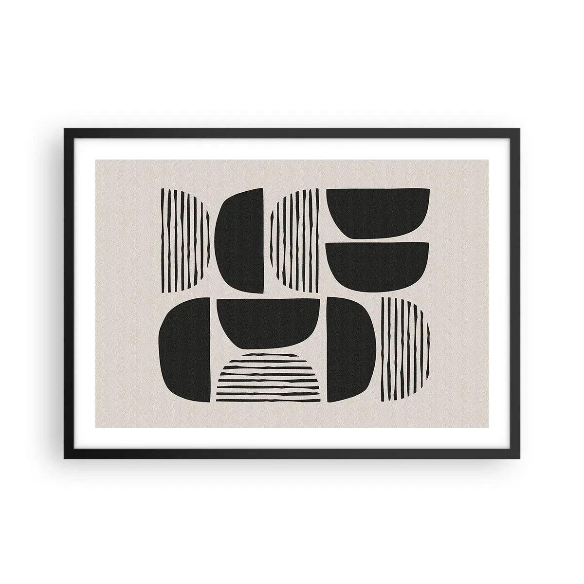 Póster en marco negro - Geometría con semicírculos y líneas en negro sobre fondo claro. - 70x50cm - Arreglos a medias - Decoración de pared moderna para salón y dormitorio ARTTOR