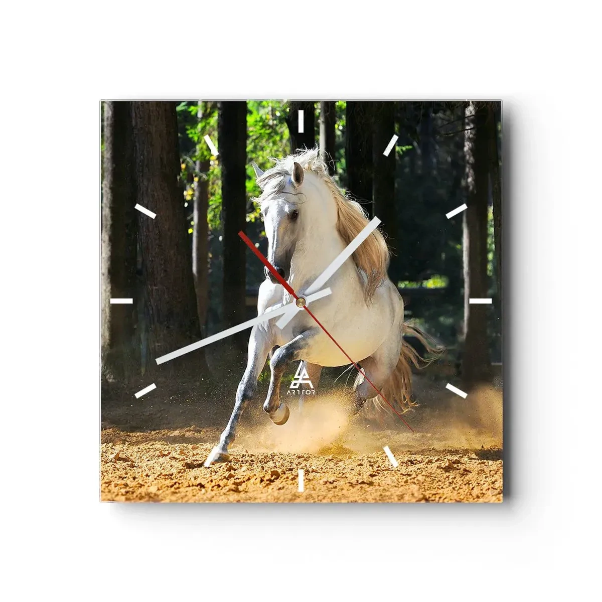 Reloj de pared - Reloj de vidrio - Un caballo blanco galopando a través de un claro del bosque. - 30x30cm - Como en una novela de fantasía - Decoración de pared moderna para salón y dormitorio ARTTOR