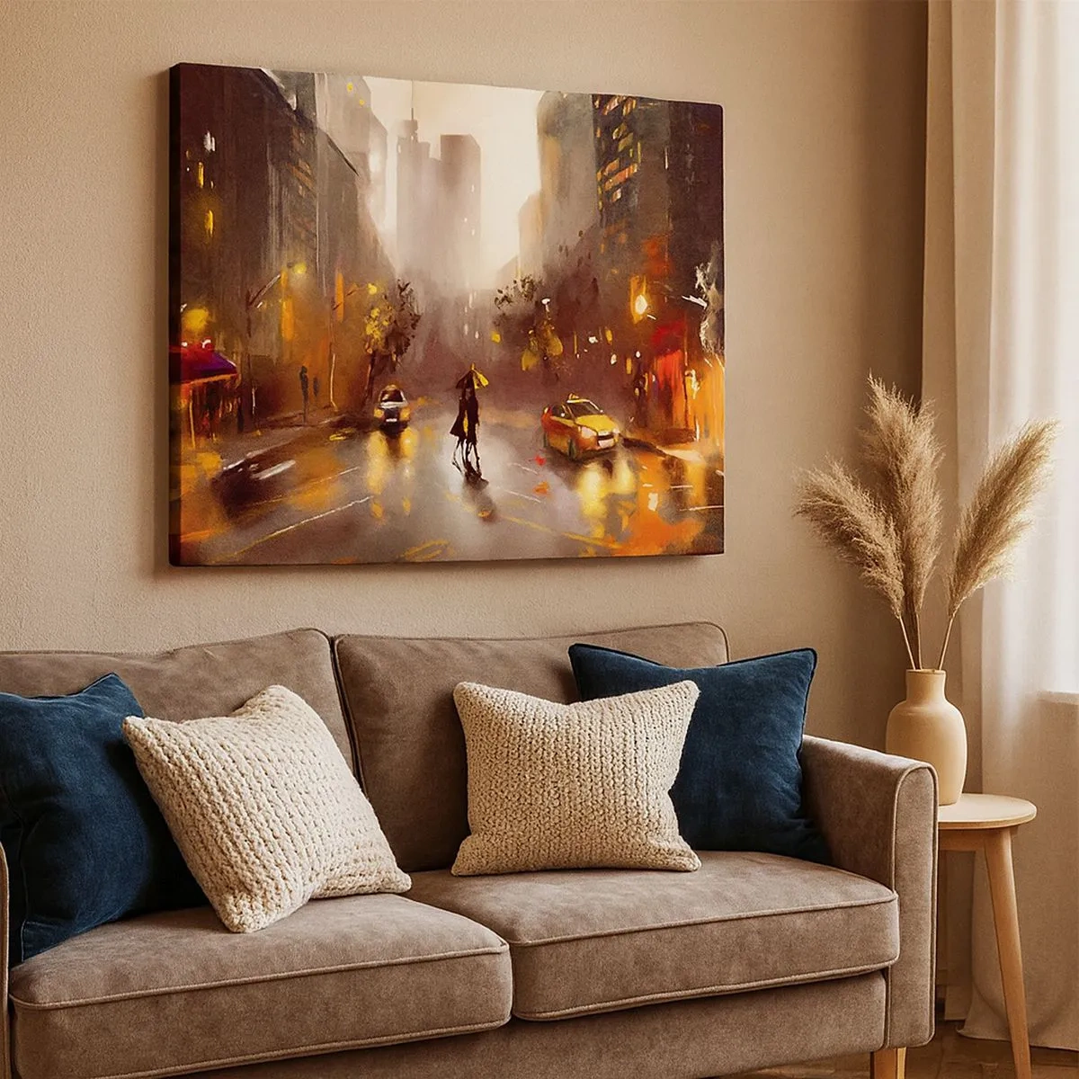 Cuadro sobre lienzo - Impresión de Imagen - Una escena urbana nocturna a la luz de las farolas y los reflejos en una calle mojada. - 70x50cm - En las luces de Nueva York - Decoración de pared moderna para salón y dormitorio ARTTOR