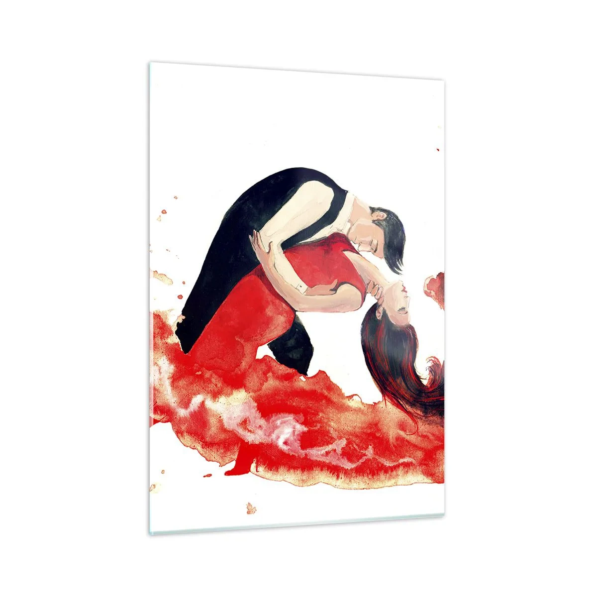Cuadro sobre vidrio - Impresiones sobre Vidrio - Una pareja bailando en una composición dinámica de acuarela roja. - 50x70cm - El tango: una ola sensual - Decoración de pared moderna para salón y dormitorio ARTTOR