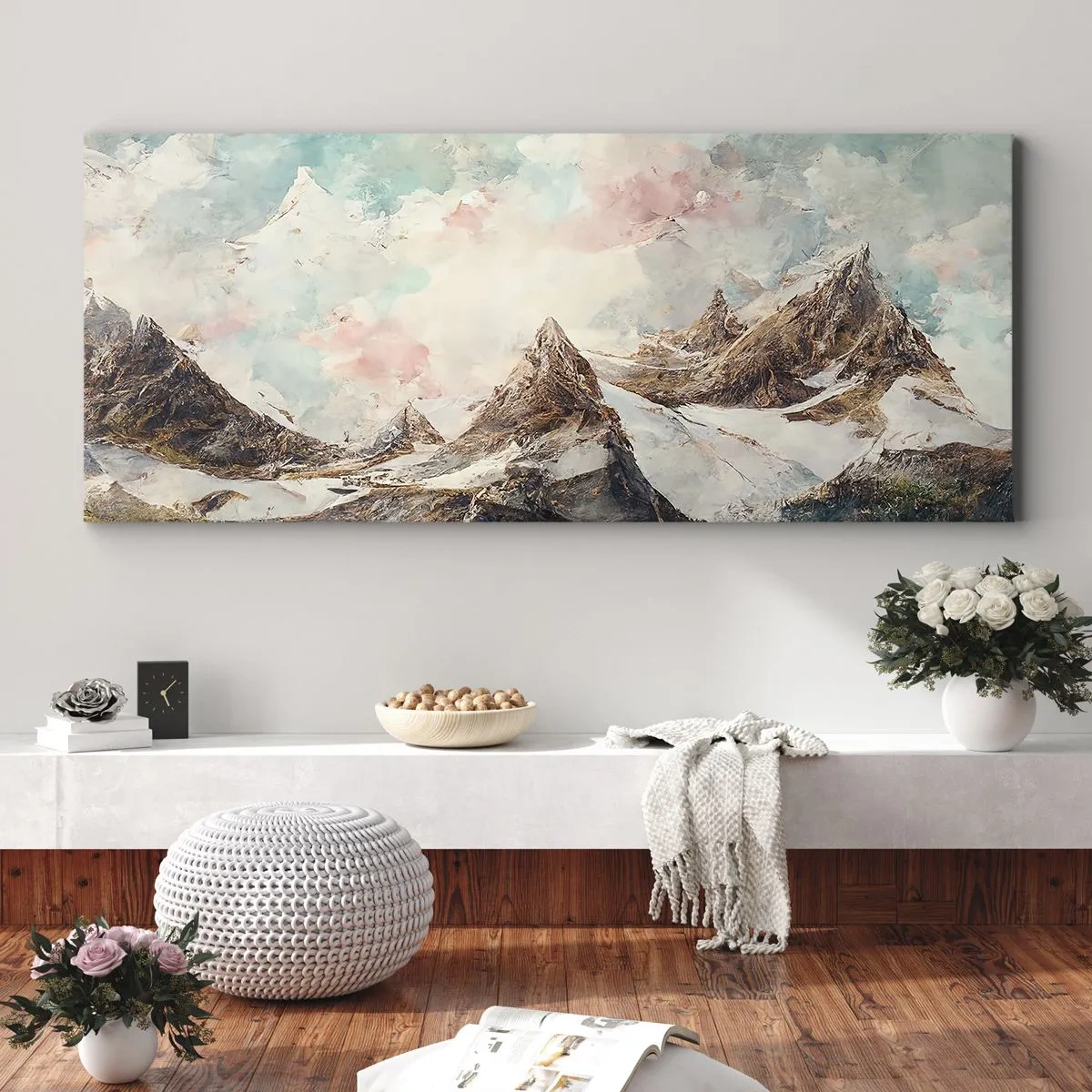 Cuadro sobre lienzo - Impresión de Imagen - Montañas pintorescas con cielos pastel - 160x50cm - Filos rocosos - Decoración de pared moderna para salón y dormitorio ARTTOR