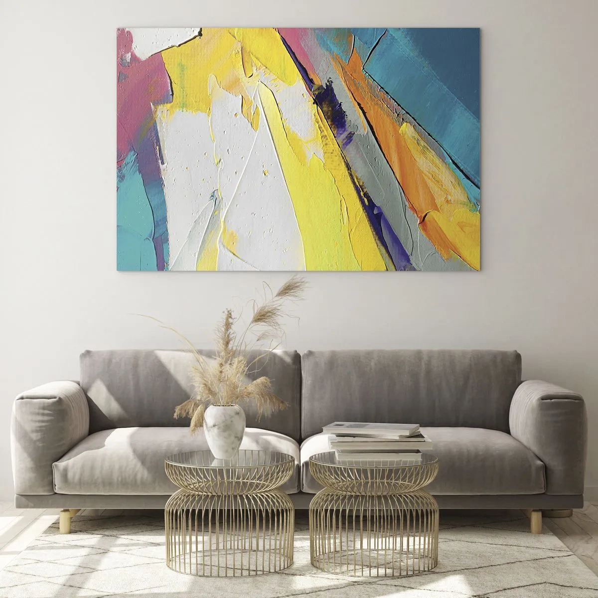 Cuadro sobre vidrio - Impresiones sobre Vidrio - Pinceladas abstractas en amarillo, azul y blanco. - 100x70cm - Anatomía de la luz - Decoración de pared moderna para salón y dormitorio ARTTOR