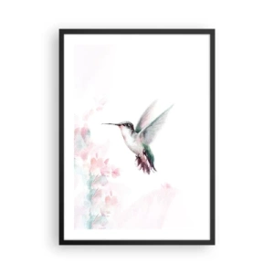 Póster en marco negro - Colibrí en vuelo con un delicado fondo floral. - 50x70cm - Plasmando el aleteo - Decoración de pared moderna para salón y dormitorio ARTTOR
