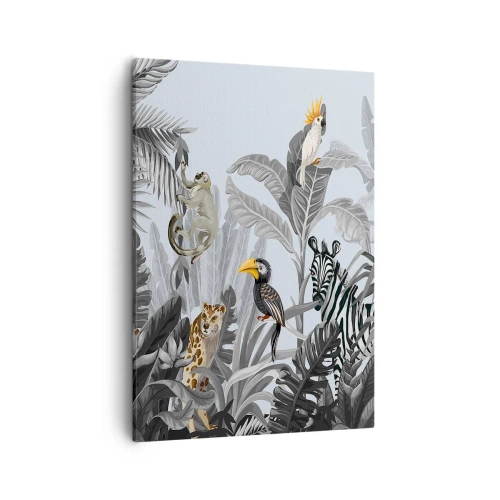 Cuadro sobre lienzo - Impresión de Imagen - Selva tropical con animales exóticos sobre un fondo gris. - 50x70cm - Un cuento de hadas africano - Decoración de pared moderna para salón y dormitorio ARTTOR