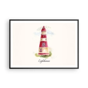 Póster en marco negro - Una pintura de acuarela de un faro sobre un fondo claro con una inscripción. - 100x70cm - Siempre observando - Decoración de pared moderna para salón y dormitorio ARTTOR