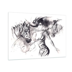 Cuadro sobre vidrio - Impresiones sobre Vidrio - Composición en blanco y negro con una mujer y una cebra en estilo artístico. - 100x70cm - Bailando con las cebras - Decoración de pared moderna para salón y dormitorio ARTTOR