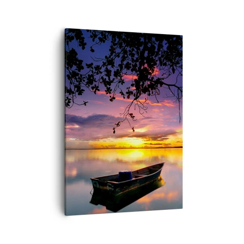 Cuadro sobre lienzo - Impresión de Imagen - Un barco en aguas tranquilas al atardecer. - 50x70cm - Un cielo de ensueño - Decoración de pared moderna para salón y dormitorio ARTTOR