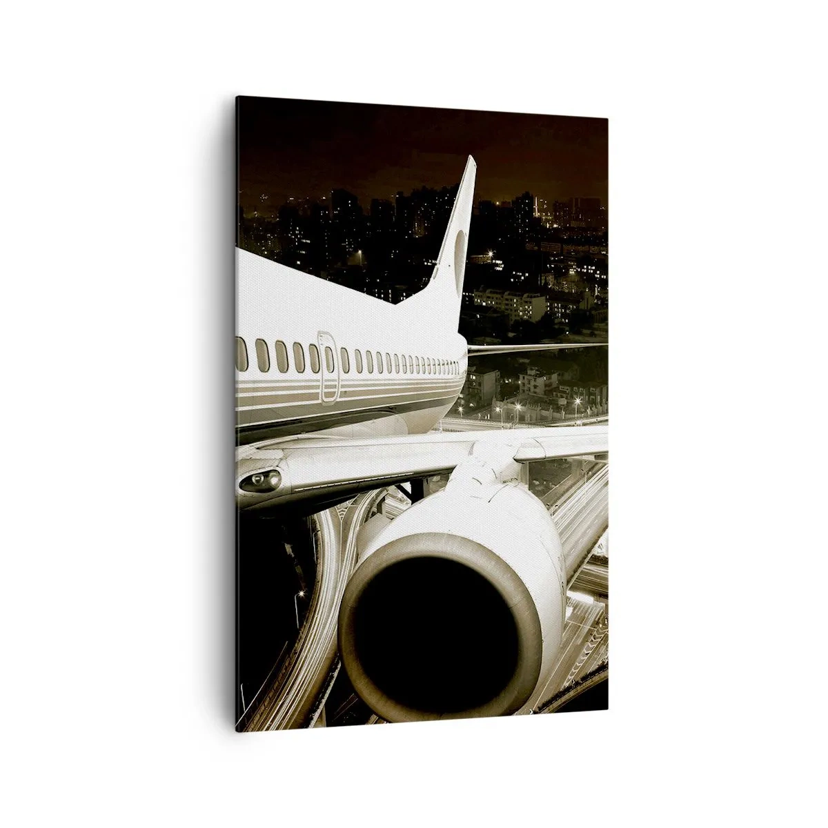 Cuadro sobre lienzo - Impresión de Imagen - Un avión sobre una ciudad nocturna con carreteras iluminadas. - 80x120cm - Vuela hacia la noche - Decoración de pared moderna para salón y dormitorio ARTTOR