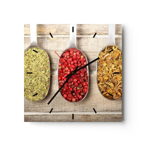 Reloj de pared - Reloj de vidrio - Tres cucharas de metal con especias sobre un fondo de madera. - 30x30cm - La magia de la cocina - Decoración de pared moderna para salón y dormitorio ARTTOR