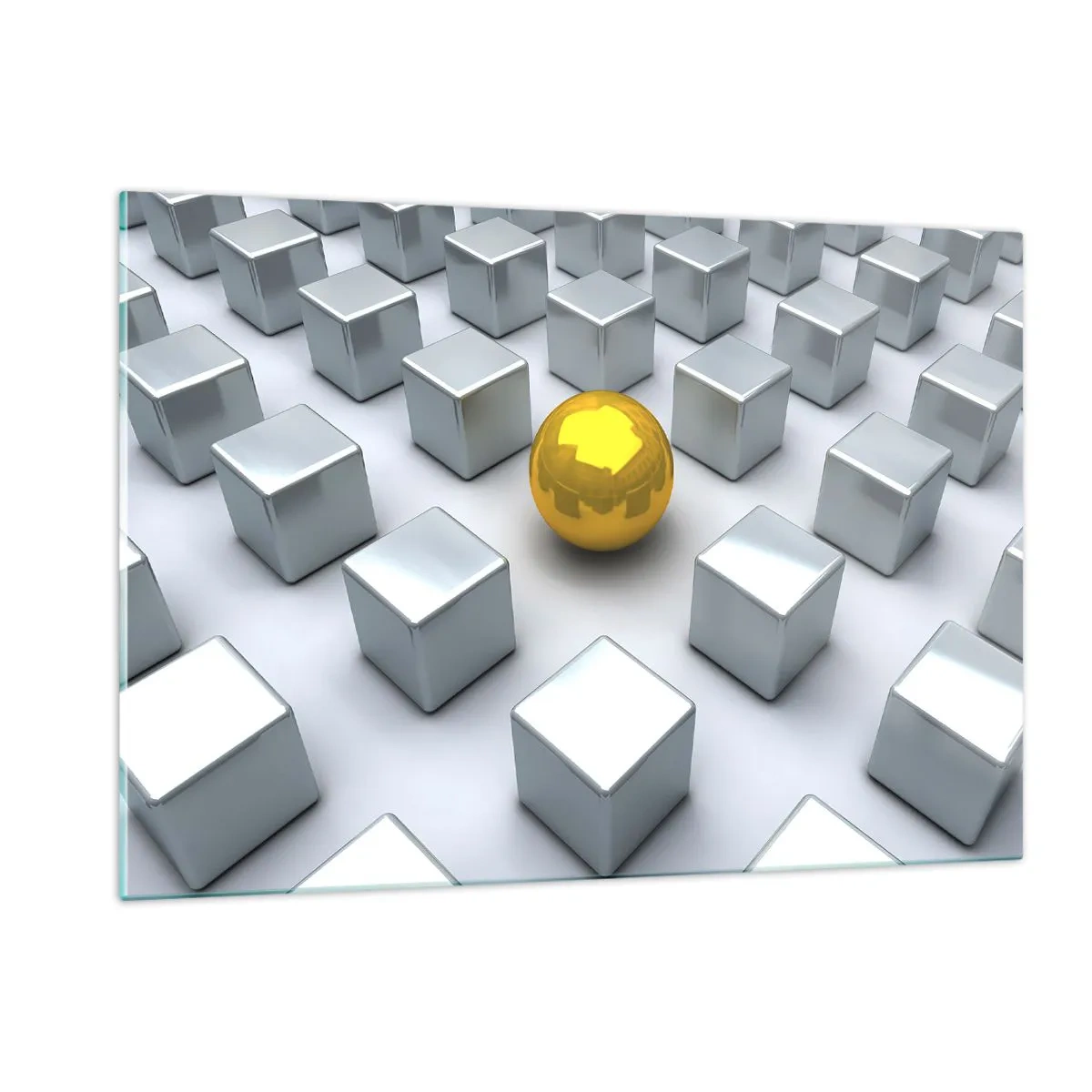 Cuadro sobre vidrio - Impresiones sobre Vidrio - Una esfera dorada rodeada de cubos de plata. - 120x80cm - ¿Por qué yo? Composición geométrica - Decoración de pared moderna para salón y dormitorio ARTTOR