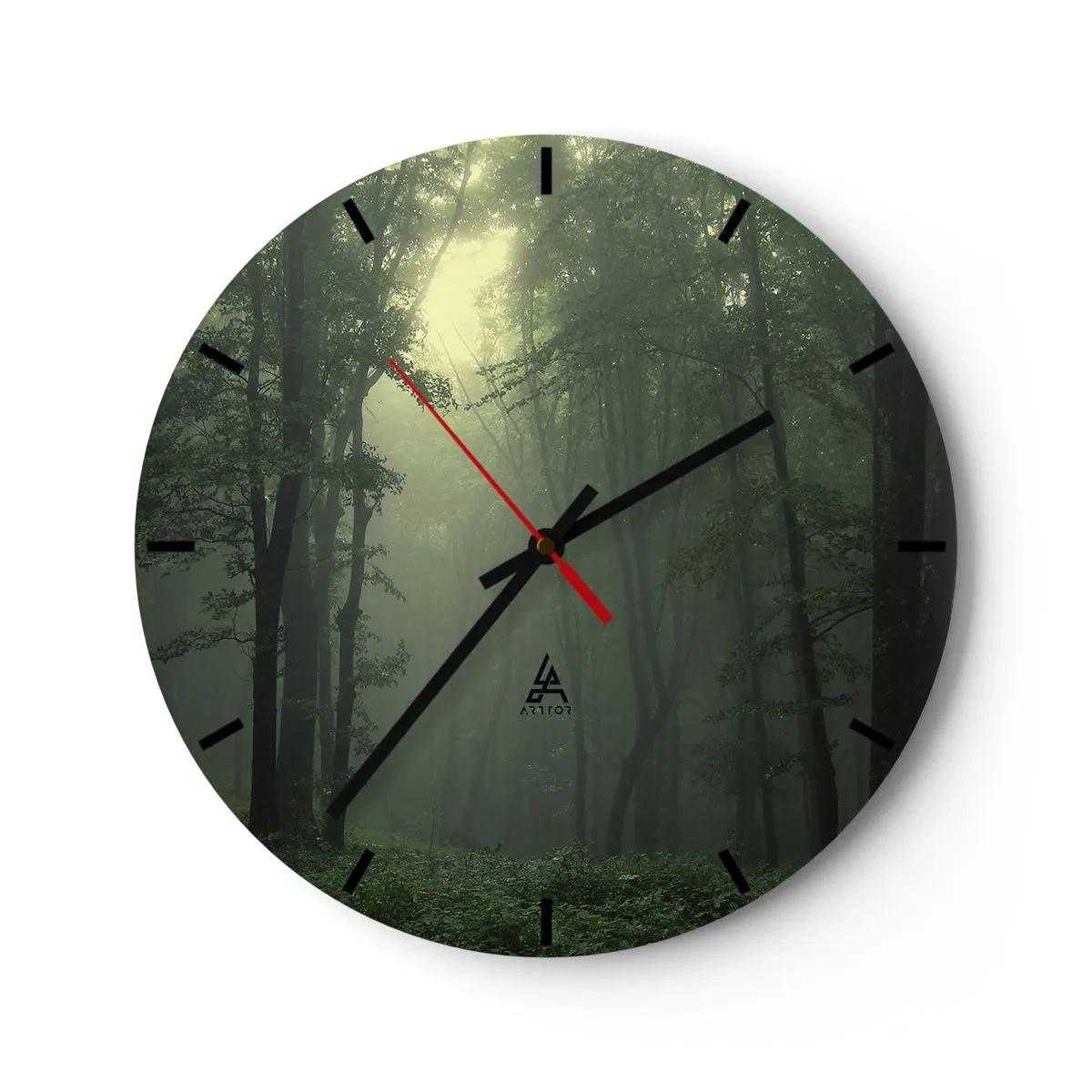 Reloj de pared - Reloj de vidrio - Bosque verde en la niebla con manecillas de reloj negras - 30x30cm - Antes de que se despierte el bosque - Decoración de pared moderna para salón, cocina y dormitorio ARTTOR