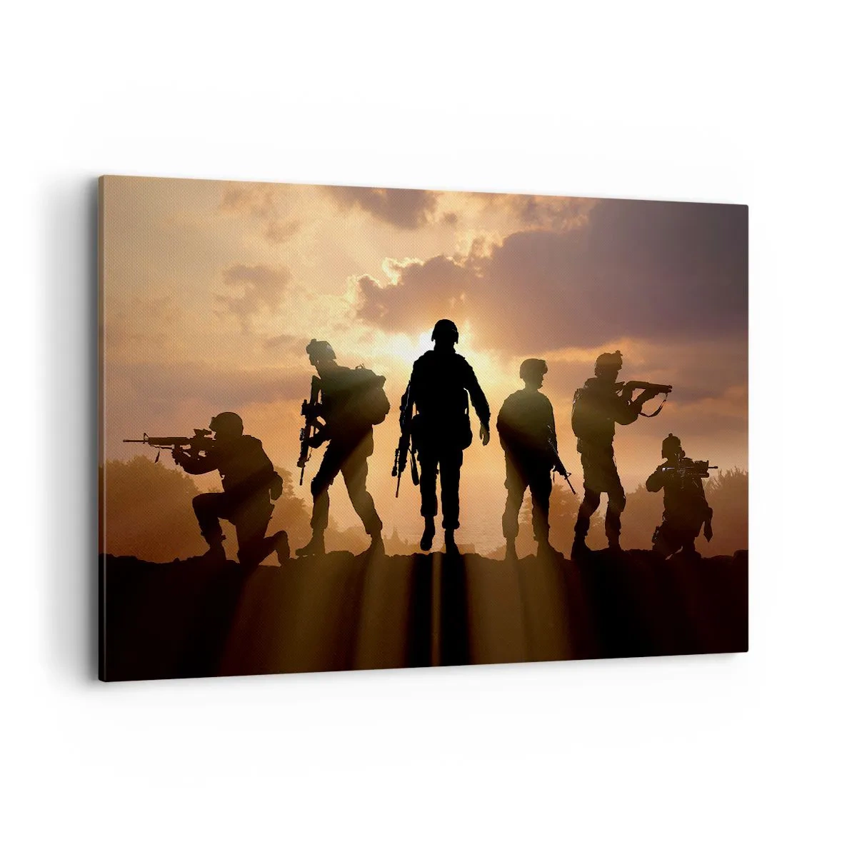 Cuadro sobre lienzo - Impresión de Imagen - Soldados con el sol poniente como telón de fondo en un entorno dinámico. - 120x80cm - Hermanos de armas - Decoración de pared moderna para salón y dormitorio ARTTOR