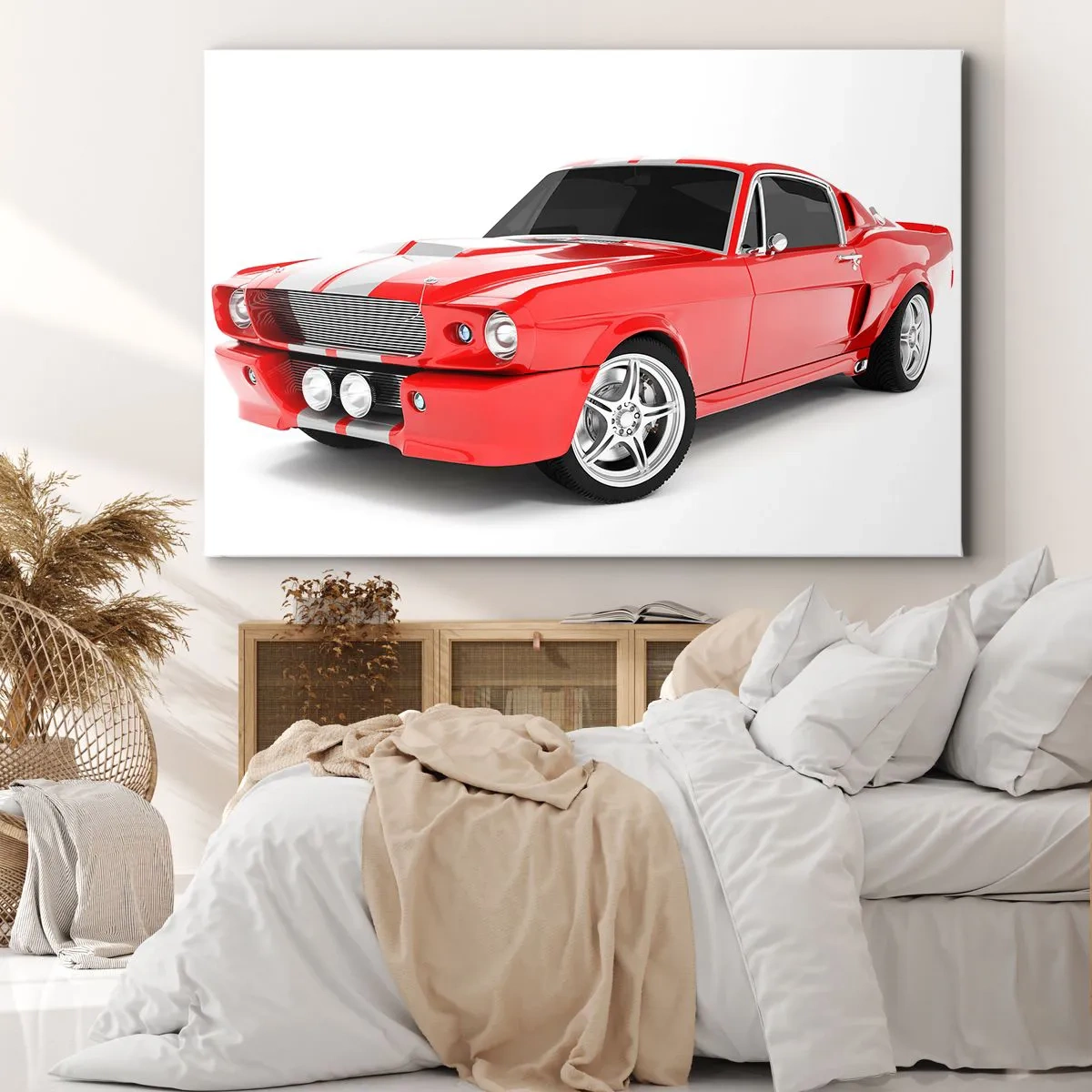 Cuadro sobre lienzo - Impresión de Imagen - Coche deportivo rojo con rayas blancas. - 70x50cm - Mustang veloz como el viento - Decoración de pared moderna para salón y dormitorio ARTTOR