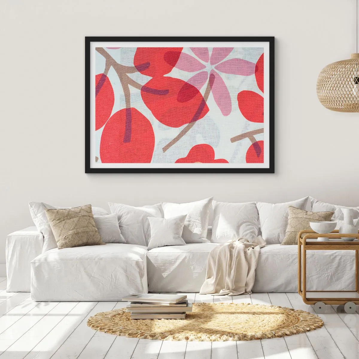 Póster en marco negro - Flores y hojas en tonos rojos y rosas. - 70x50cm - Composición floral en rosa - Decoración de pared moderna para salón y dormitorio ARTTOR