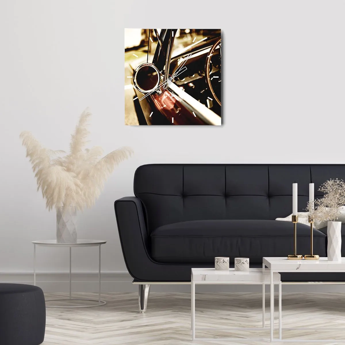 Reloj de pared - Reloj de vidrio - Primer plano del espejo y el interior de un coche retro clásico. - 30x30cm - Un coche con alma - Decoración de pared moderna para salón y dormitorio ARTTOR