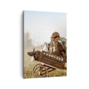 Cuadro sobre lienzo - Impresión de Imagen - Un niño en un avión de juguete con un campo al fondo. - 50x70cm - Despegue hacia un sueño - Decoración de pared moderna para salón y dormitorio ARTTOR