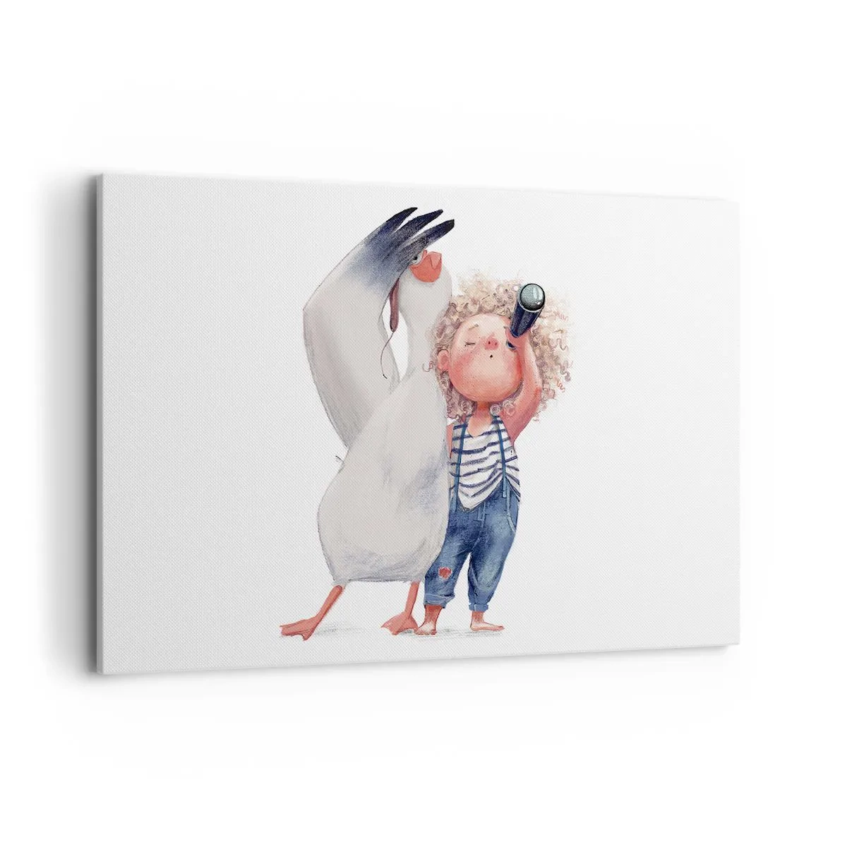 Cuadro sobre lienzo - Impresión de Imagen - Ilustración de un niño con un pelícano y un telescopio en la mano. - 120x80cm - Un plan para un gran viaje - Decoración de pared moderna para salón y dormitorio ARTTOR
