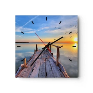 Reloj de pared - Reloj de vidrio - Muelle de madera al atardecer en un lago tranquilo - 30x30cm - Caminando hacia el sol - Decoración de pared moderna para salón y dormitorio ARTTOR