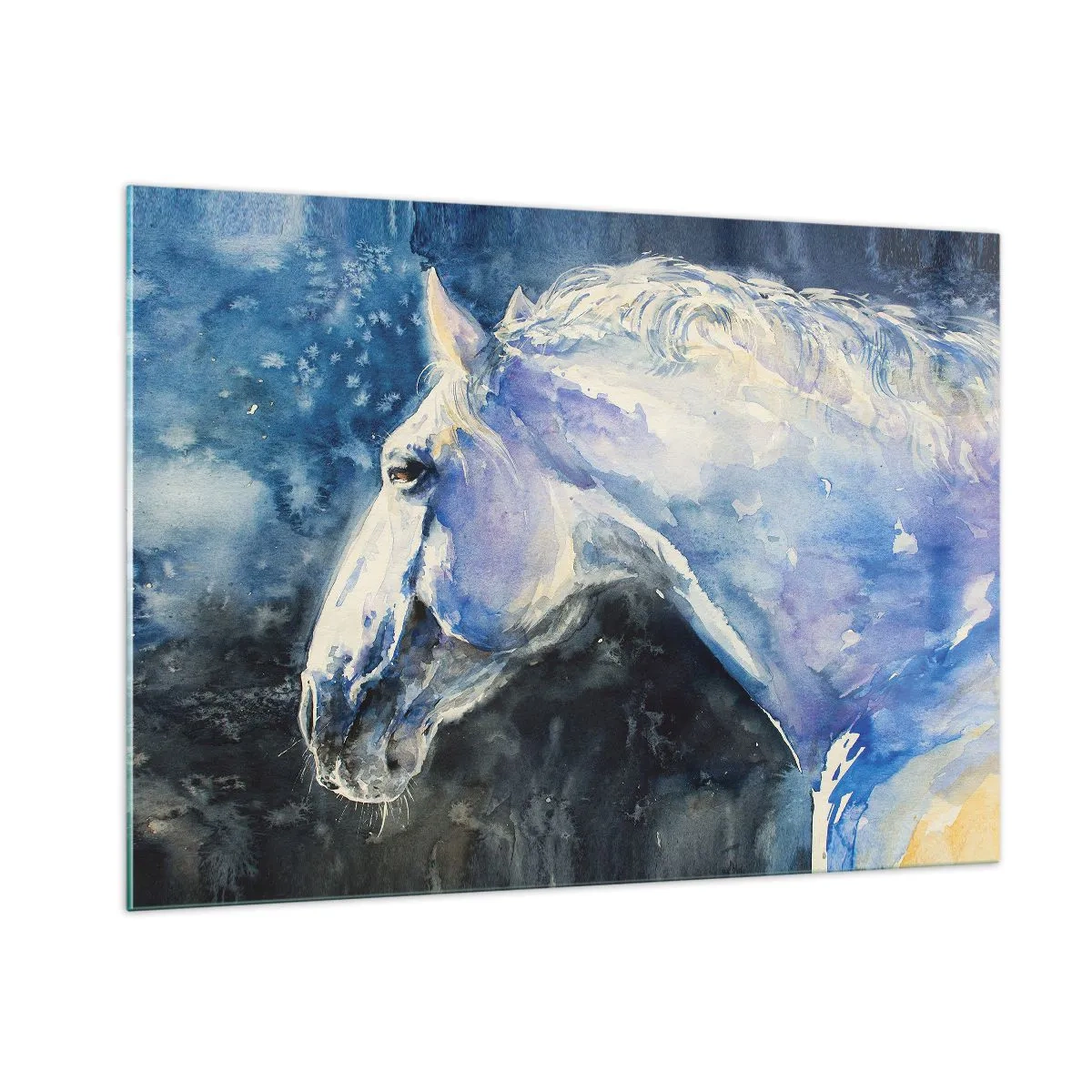 Cuadro sobre vidrio - Impresiones sobre Vidrio - Retrato en acuarela de un caballo en tonos azules. - 100x70cm - Retrato en un resplandor azul - Decoración de pared moderna para salón y dormitorio ARTTOR