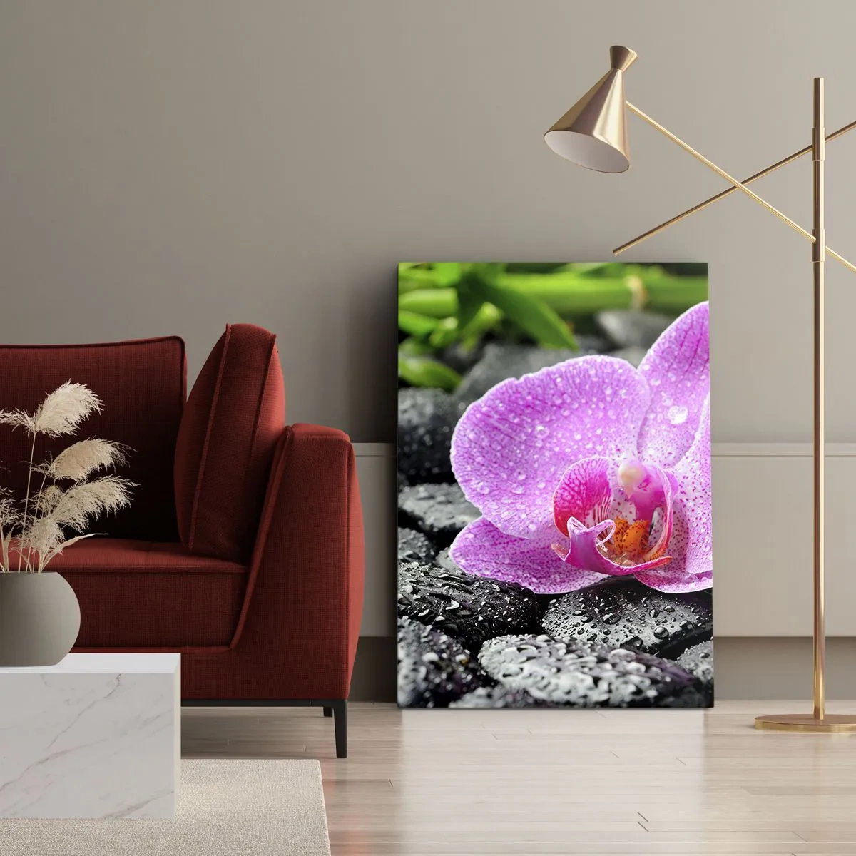 Cuadro sobre lienzo - Impresión de Imagen - Orquídea rosa sobre piedras negras mojadas con hojas verdes - 50x70cm - Como un corazón abierto - Decoración de pared moderna para salón y dormitorio ARTTOR