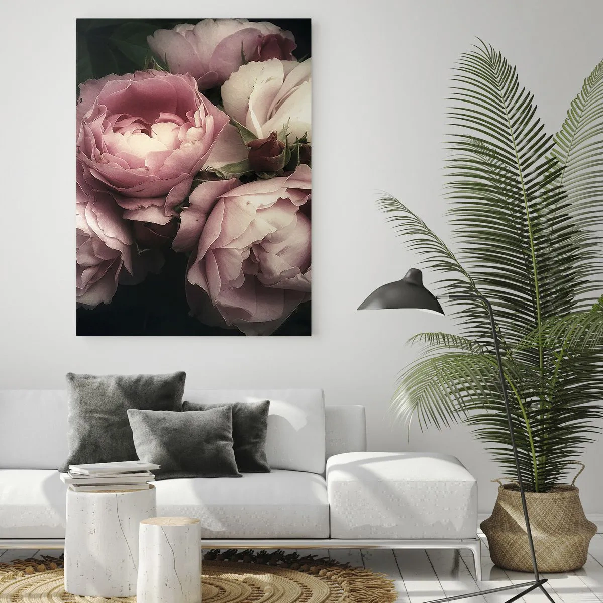 Cuadro sobre vidrio - Impresiones sobre Vidrio - Un ramo de rosas rosadas bajo una iluminación suave con un toque vintage. - 50x70cm - El encanto de la belle époque - Decoración de pared moderna para salón y dormitorio ARTTOR