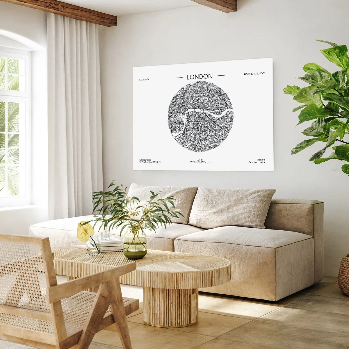 Póster - Un mapa minimalista de Londres en blanco y negro con detalles precisos. - 100x70cm - Anatomía de Londres - Decoración de pared moderna para salón y dormitorio ARTTOR