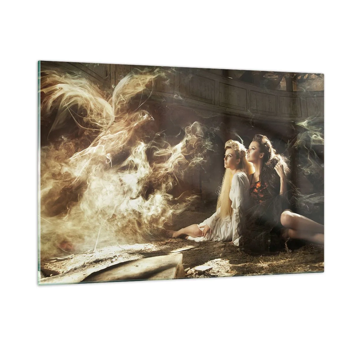 Cuadro sobre vidrio - Impresiones sobre Vidrio - Dos mujeres con un fénix ardiente en un entorno mágico - 120x80cm - Y hubo poesía - Decoración de pared moderna para salón y dormitorio ARTTOR