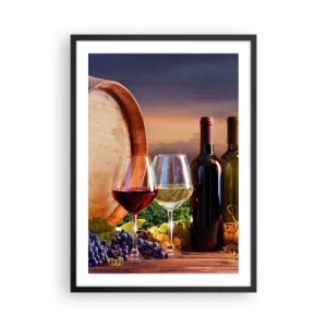 Póster en marco negro - Botellas y copas de vino con el telón de fondo de un barril y la puesta de sol. - 50x70cm - Aquí la vida tiene un sabor - Decoración de pared moderna para salón y dormitorio ARTTOR