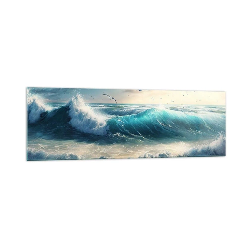 Cuadro sobre vidrio - Impresiones sobre Vidrio - Olas del mar en la playa bajo un cielo azul con gaviotas - 160x50cm - La brisa solo para ti - Decoración de pared moderna para salón y dormitorio ARTTOR