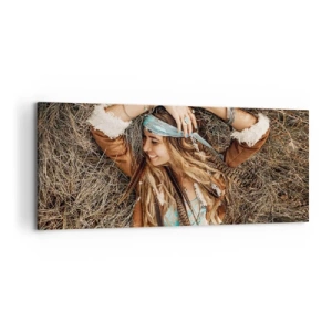 Cuadro sobre lienzo - Impresión de Imagen - Mujer de estilo boho tumbada sobre el heno - 120x50cm - El verano del amor - Decoración de pared moderna para salón y dormitorio ARTTOR