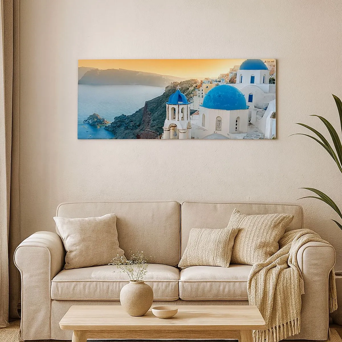 Cuadro sobre lienzo - Impresión de Imagen - Santorini - el abrazo a las rocas - 100x40 cm