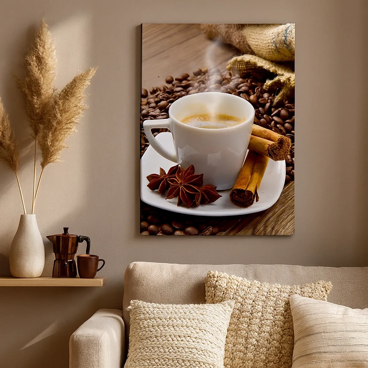 Cuadro sobre lienzo - Impresión de Imagen - Una taza de café con canela y anís sobre un fondo de granos de café. - 50x70cm - Sabor y aroma picante - Decoración de pared moderna para salón y dormitorio ARTTOR