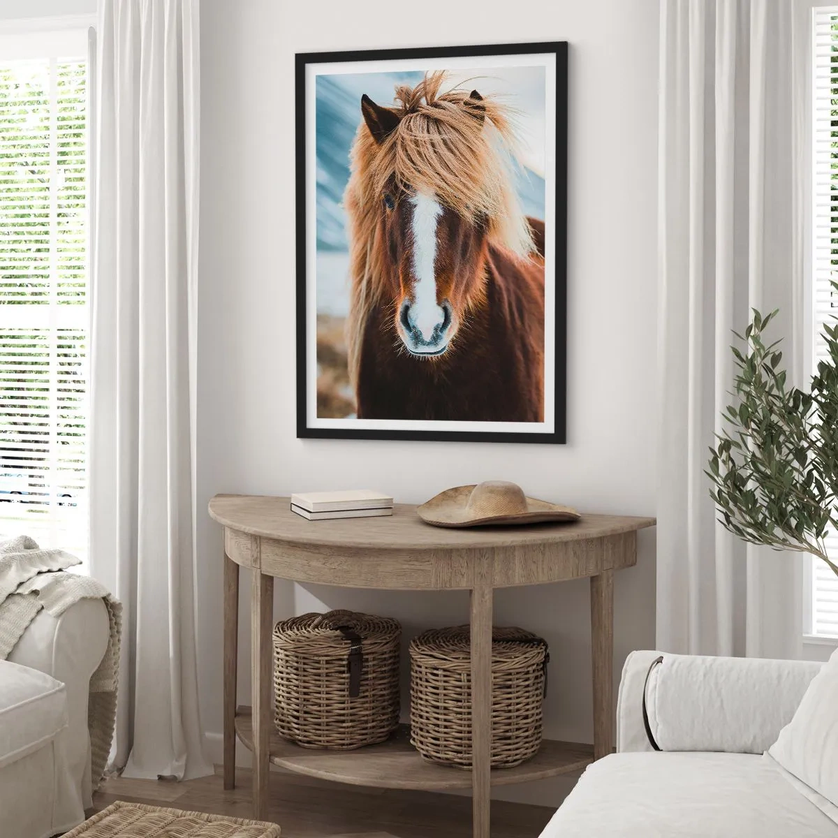 Póster en marco negro - Un primer plano de un caballo islandés con una crin suelta sobre un fondo natural. - 50x70cm - ¿Puedes sentir la libertad? - Decoración de pared moderna para salón y dormitorio ARTTOR