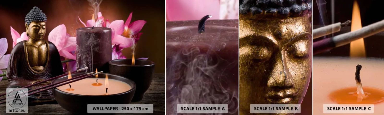 Muestra De Fotomural Standard Eco - Despejar la mente, calmar el cuerpo - Buda, Religión, flores - 100x30 cm