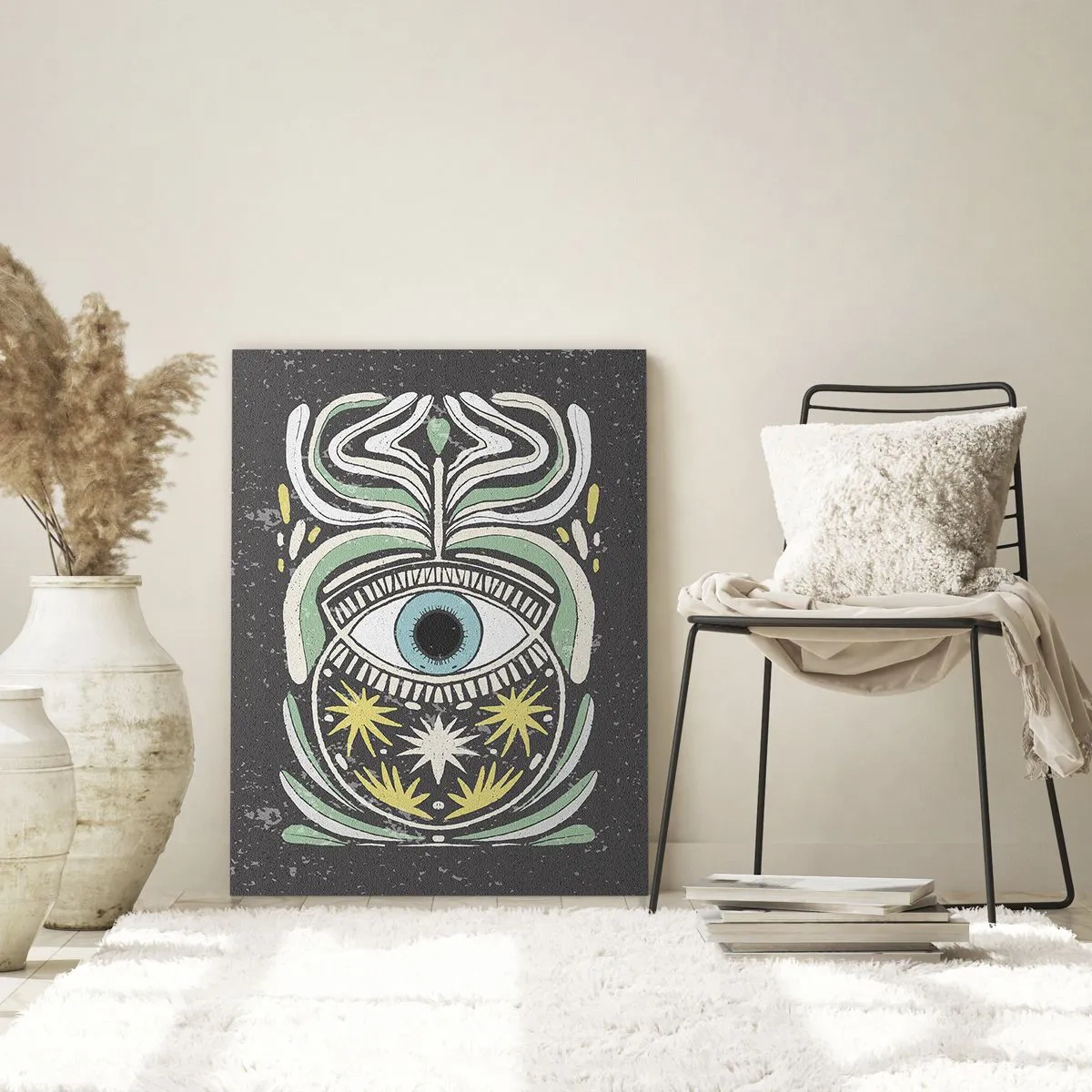 Cuadro sobre vidrio - Impresiones sobre Vidrio - Ojo gráfico con ornamentación tribal sobre un fondo oscuro. - 50x70cm - Rituales tribales - Decoración de pared moderna para salón y dormitorio ARTTOR