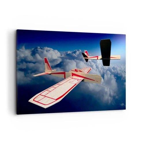 Cuadro sobre lienzo - Impresión de Imagen - Dos aviones de madera volando sobre las nubes contra un cielo azul. - 120x80cm - Más alto, más lejos - Decoración de pared moderna para salón y dormitorio ARTTOR