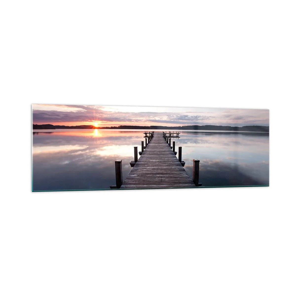 Cuadro sobre vidrio - Impresiones sobre Vidrio - Un muelle en un lago al atardecer en un paisaje tranquilo. - 160x50cm - Frontera silenciosa del día y la noche - Decoración de pared moderna para salón y dormitorio ARTTOR