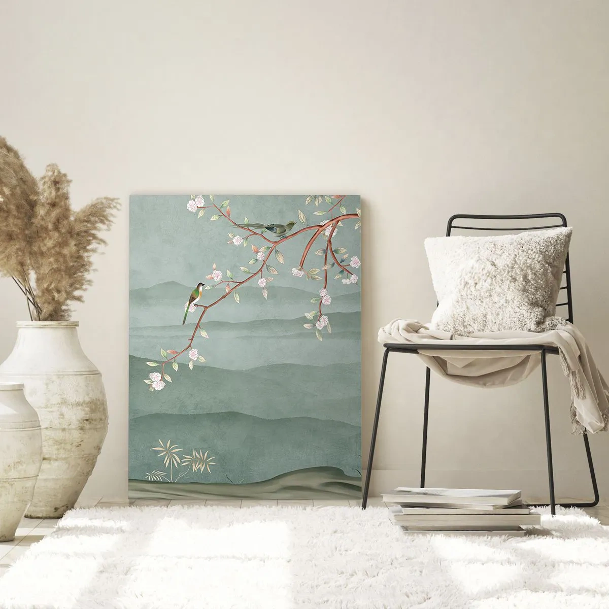 Cuadro sobre vidrio - Impresiones sobre Vidrio - Una rama con flores y pájaros sobre un fondo de colinas verdes. - 50x70cm - Primavera, ah, eres tú - Decoración de pared moderna para salón y dormitorio ARTTOR