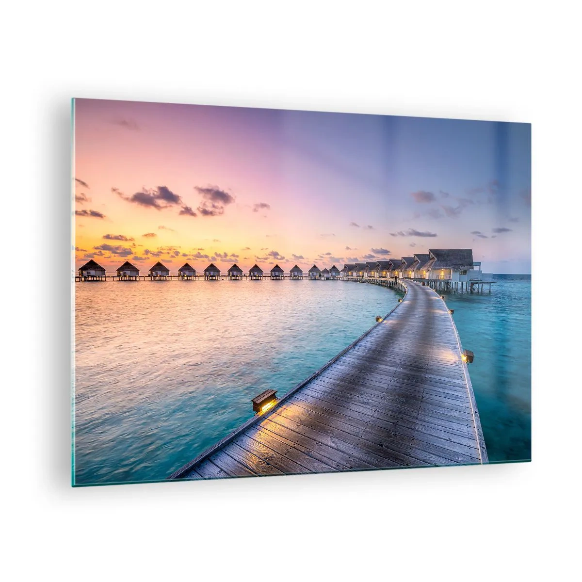 Cuadro sobre vidrio - Impresiones sobre Vidrio - Muelle de madera que conduce a cabañas de lujo frente al mar al atardecer - 70x50cm - Vacaciones - volver al origen - Decoración de pared moderna para salón y dormitorio ARTTOR