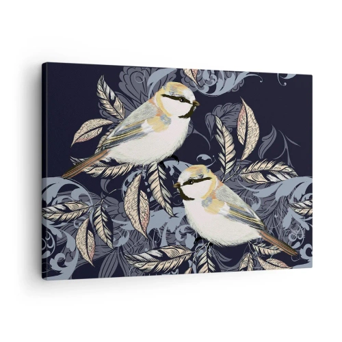Cuadro sobre lienzo - Impresión de Imagen - Pájaros en ramas sobre un fondo ornamental. - 70x50cm - En la copa del árbol - Decoración de pared moderna para salón y dormitorio ARTTOR