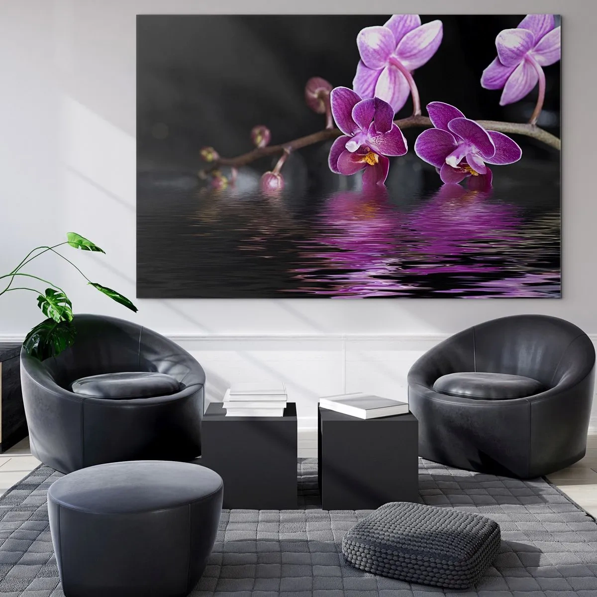 Cuadro sobre vidrio - Impresiones sobre Vidrio - Orquídeas púrpuras reflejadas en el agua. - 100x70cm - Un reflejo lila de la belleza - Decoración de pared moderna para salón y dormitorio ARTTOR