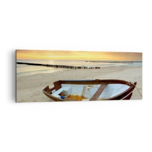 Cuadro sobre lienzo - Impresión de Imagen - Un barco en una playa de arena al atardecer. - 140x50cm - No hay playas más bonitas - Decoración de pared moderna para salón y dormitorio ARTTOR